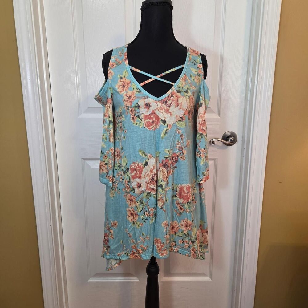 NWT Aqua Floral Cold Shoulder Tunic Top Women's Size Small